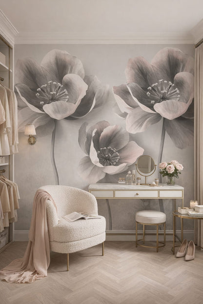 Parisian white floral blossoms - Wall Mural Peel and Stick Wallpaper for Parisian Dressing Room.