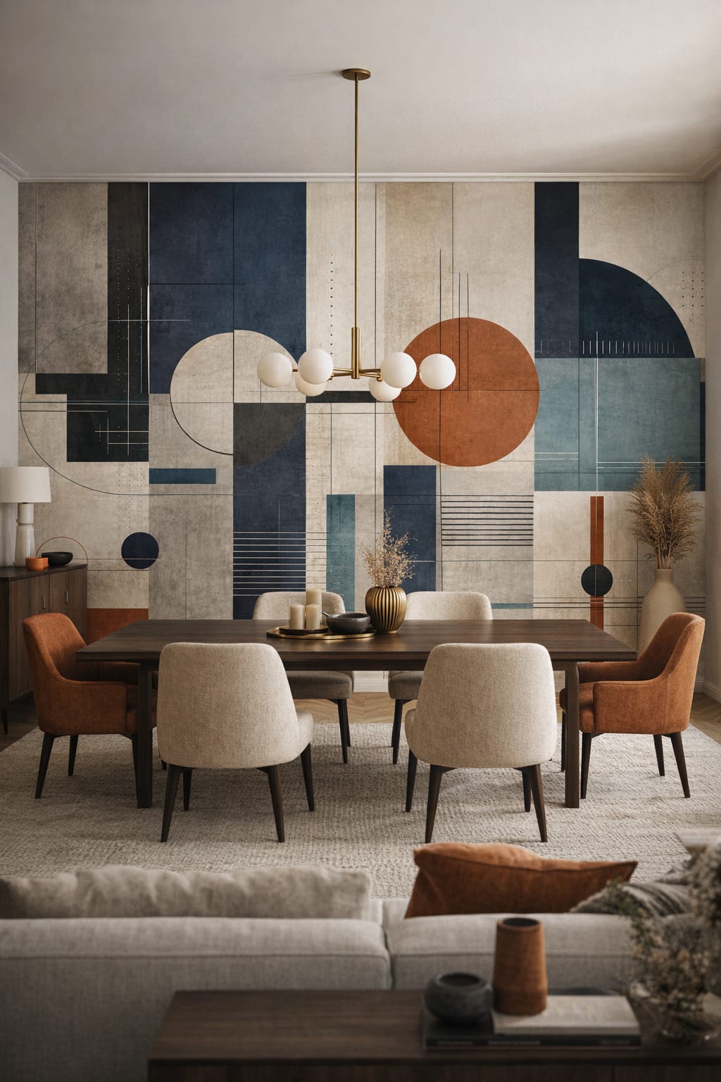 White-primary Bauhaus geometric blocks featuring circular forms - Wall Mural Peel and Stick Wallpaper for Bauhaus Formal Dining Room.
