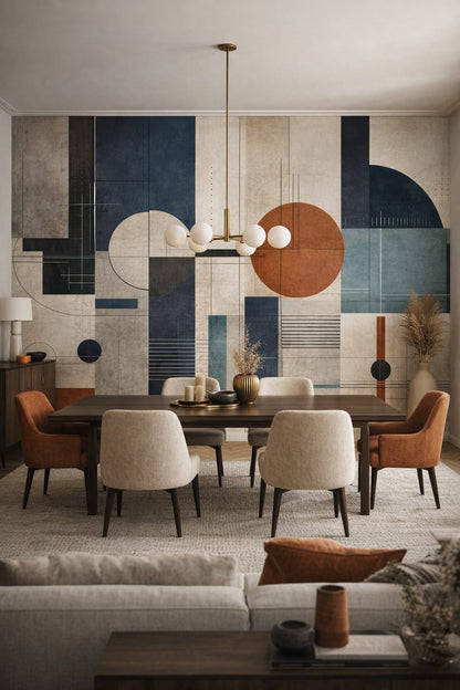 White-primary Bauhaus geometric blocks featuring circular forms - Wall Mural Peel and Stick Wallpaper for Bauhaus Formal Dining Room.