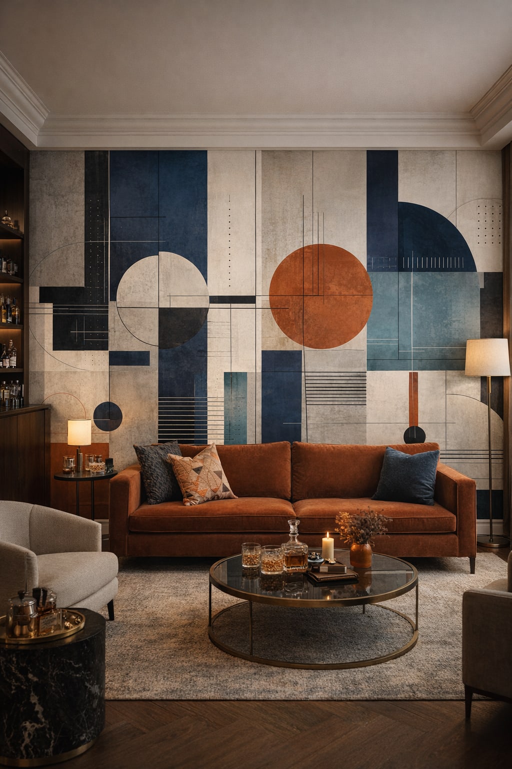 Black gold geometric blocks featuring circular forms - Wall Mural Peel and Stick Wallpaper for Art Deco Bar/Lounge.