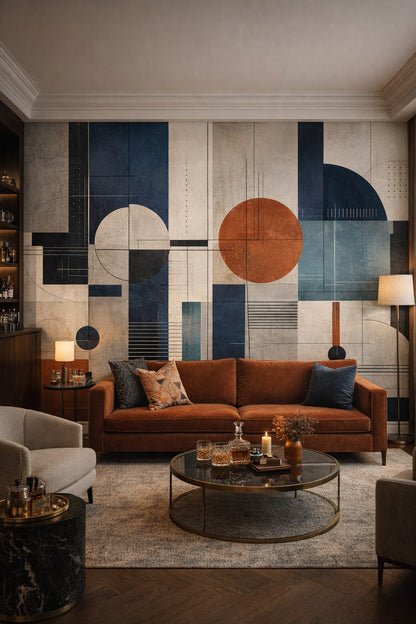 Black gold geometric blocks featuring circular forms - Wall Mural Peel and Stick Wallpaper for Art Deco Bar/Lounge.
