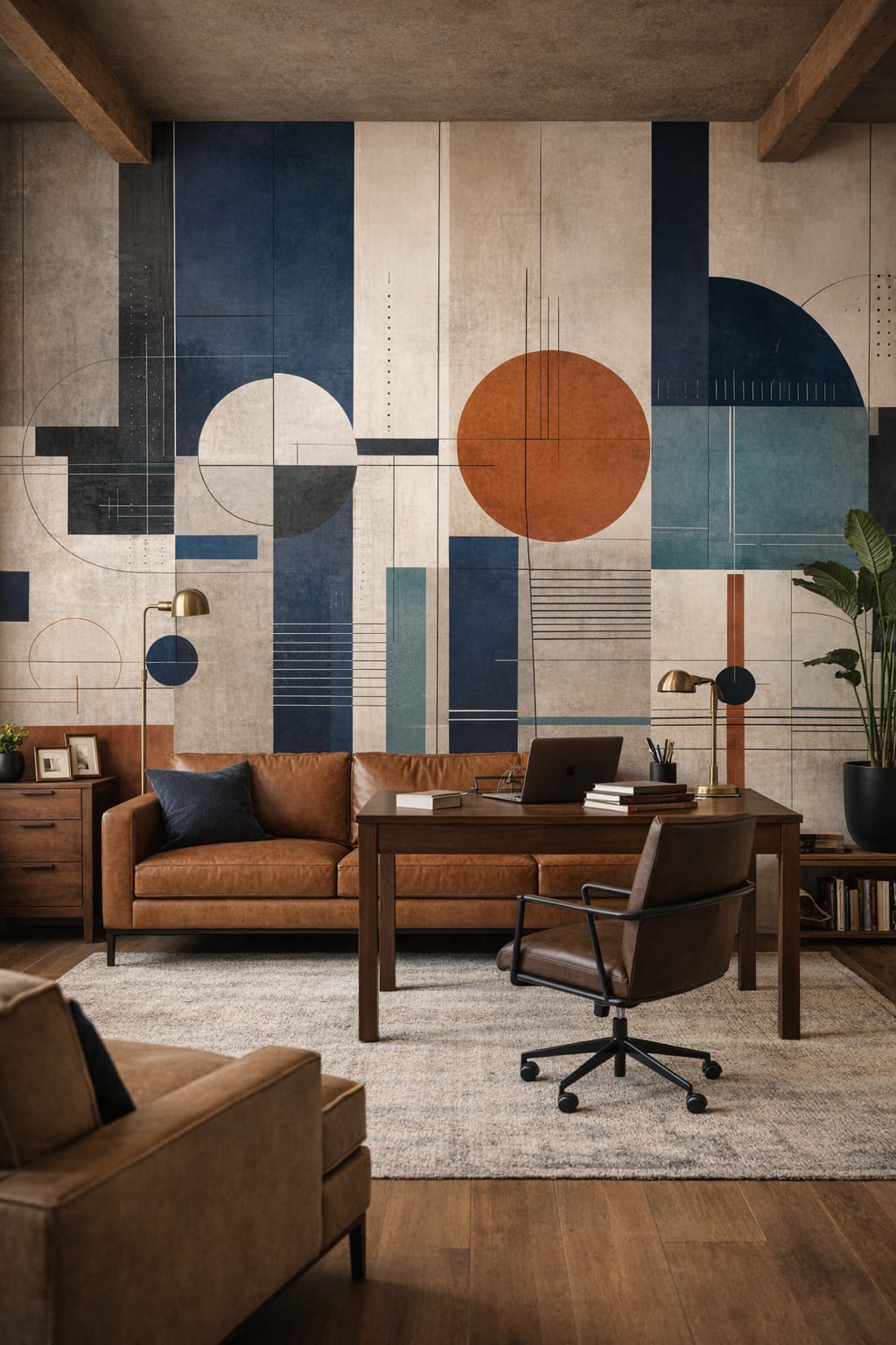 Charcoal gray geometric blocks featuring circular forms - Wall Mural Peel and Stick Wallpaper for Industrial Loft Executive Home Office.