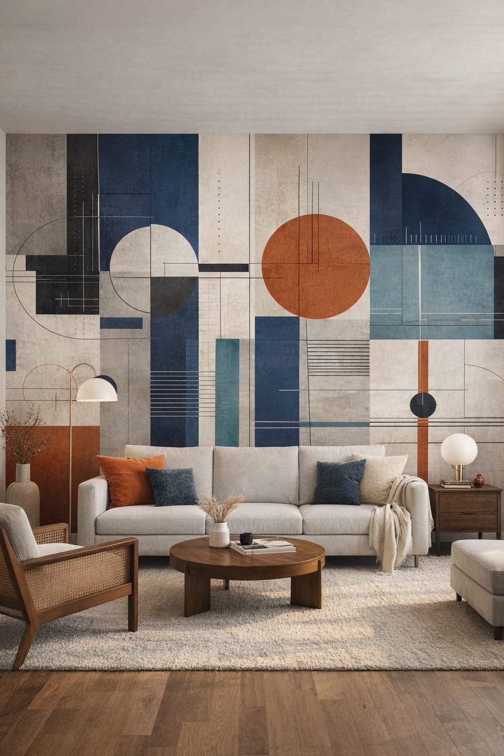 Mid-century Modern mustard geometric blocks featuring circular forms - Wall Mural Peel and Stick Wallpaper for Mid-century Modern Living Room.