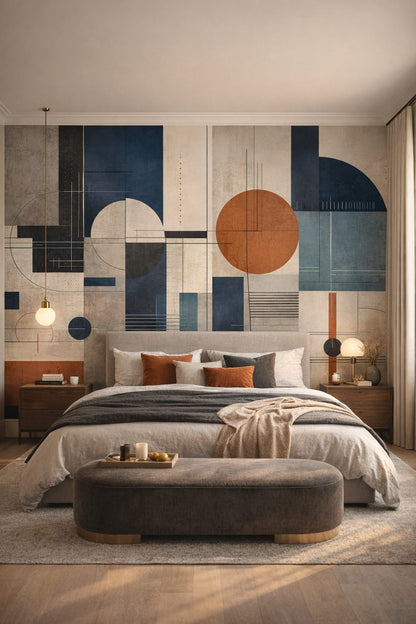 Luxury stone geometric blocks featuring circular forms - Wall Mural Peel and Stick Wallpaper for Luxury Contemporary Master Bedroom.