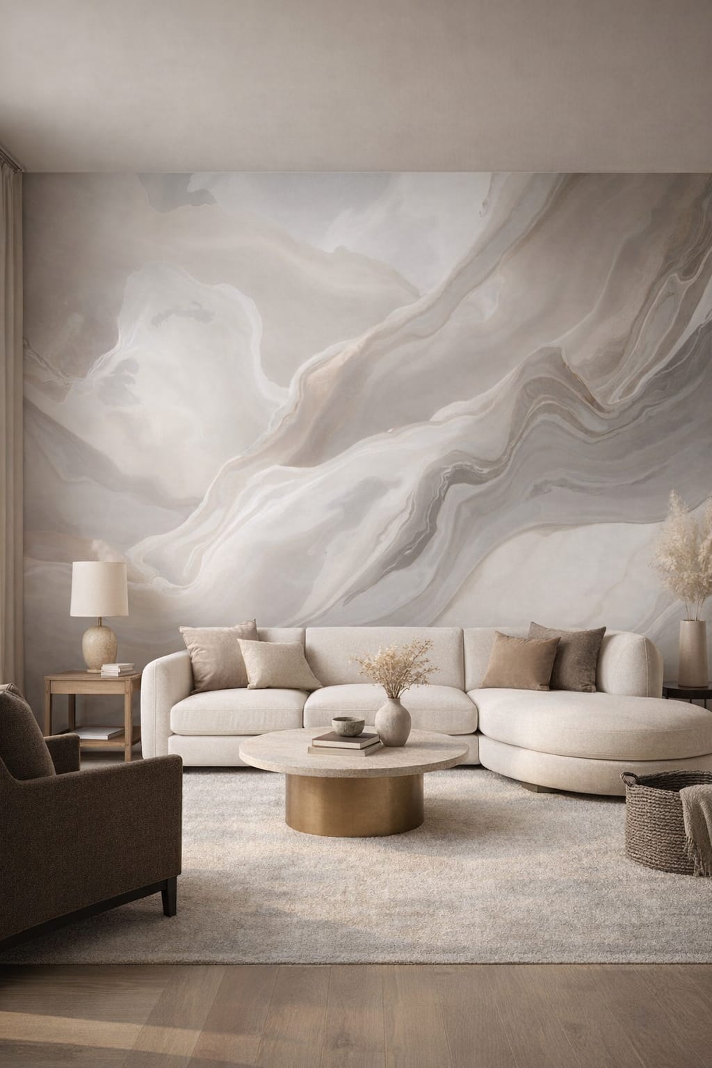 Greige minimalist, soft charcoal marble swirl abstract - Wall Mural Peel and Stick Wallpaper for Quiet Luxury Living Room.