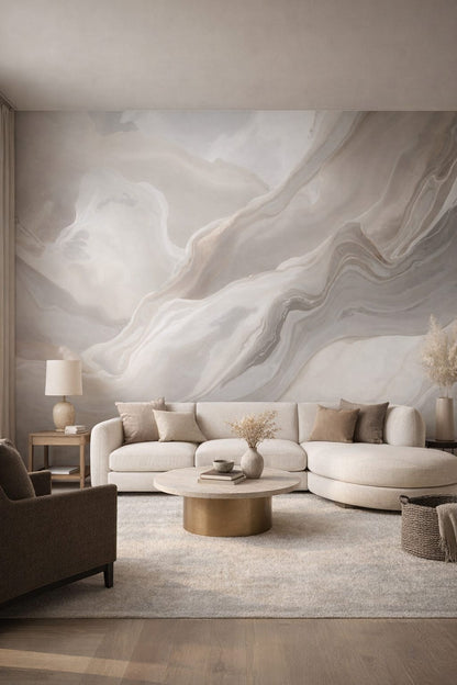 Greige minimalist, soft charcoal marble swirl abstract - Wall Mural Peel and Stick Wallpaper for Quiet Luxury Living Room.