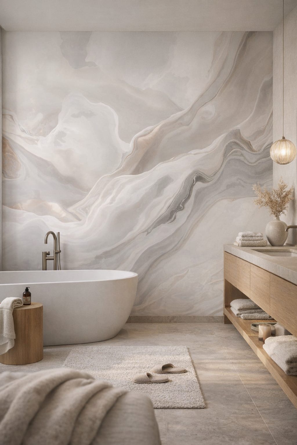 Japandi sand-toned marble swirl abstract - Wall Mural Peel and Stick Wallpaper for Japandi Luxury Bathroom.