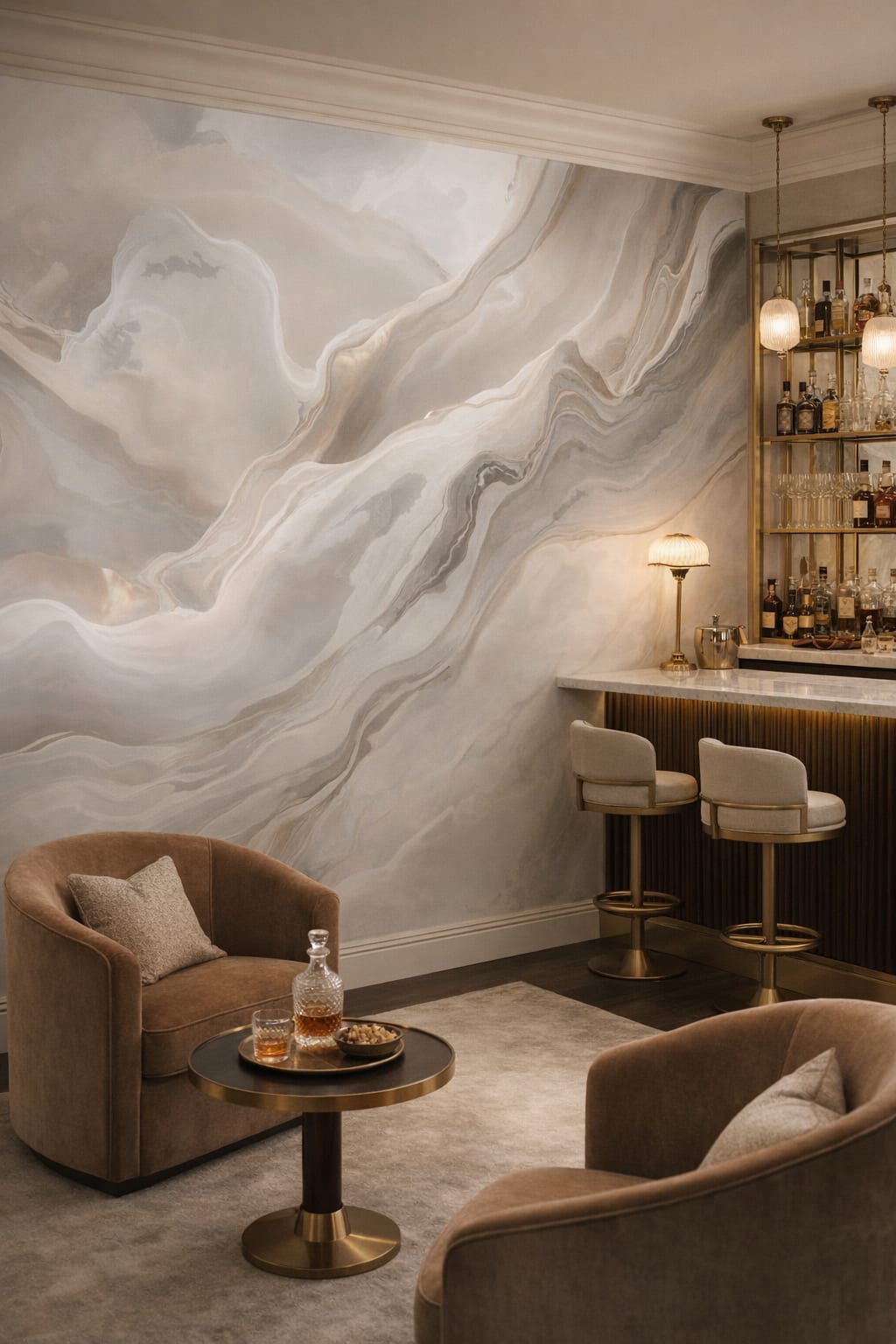 Art Deco black-gold marble swirl abstract - Wall Mural Peel and Stick Wallpaper for Art Deco Bar/Lounge.