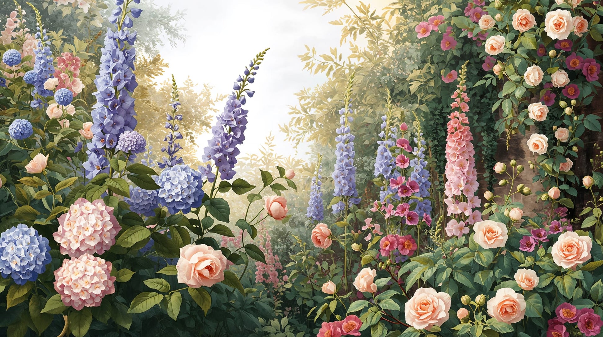 Romantic painterly Sage Green garden florals featuring climbing vines and lush foliage - Wall Mural & Peel and Stick Wallpaper for Painterly Interiors and Premium Home Styling