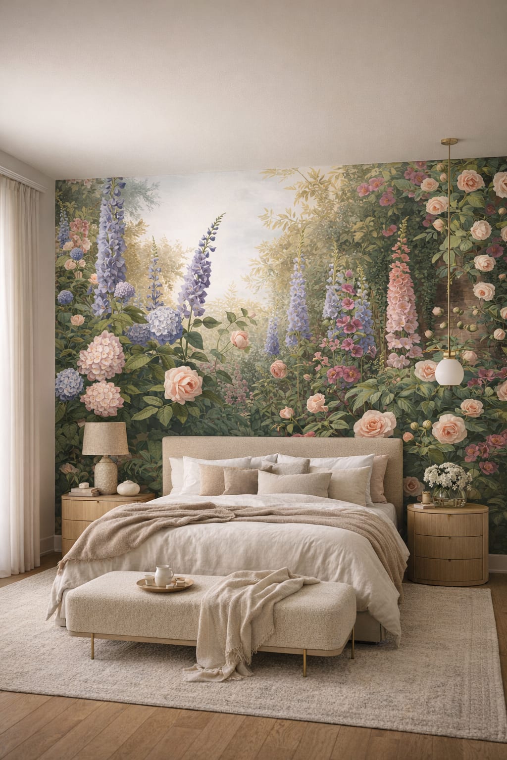 Cream Organic Modern garden florals featuring climbing vines - Wall Mural Peel and Stick Wallpaper for Organic Modern Master Bedroom.