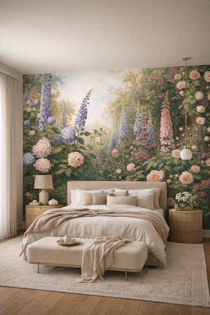 Cream Organic Modern garden florals featuring climbing vines - Wall Mural Peel and Stick Wallpaper for Organic Modern Master Bedroom.
