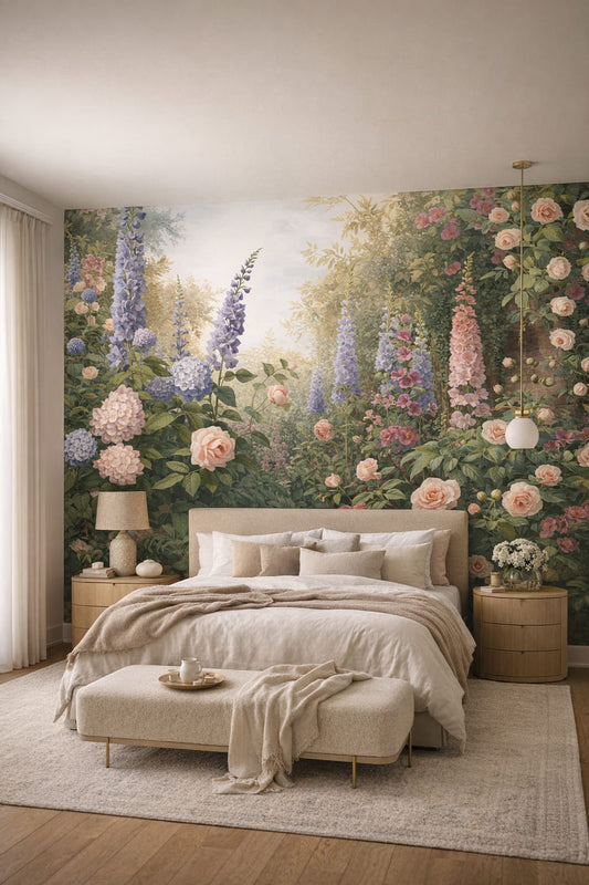 Cream Organic Modern garden florals featuring climbing vines - Wall Mural Peel and Stick Wallpaper for Organic Modern Master Bedroom.