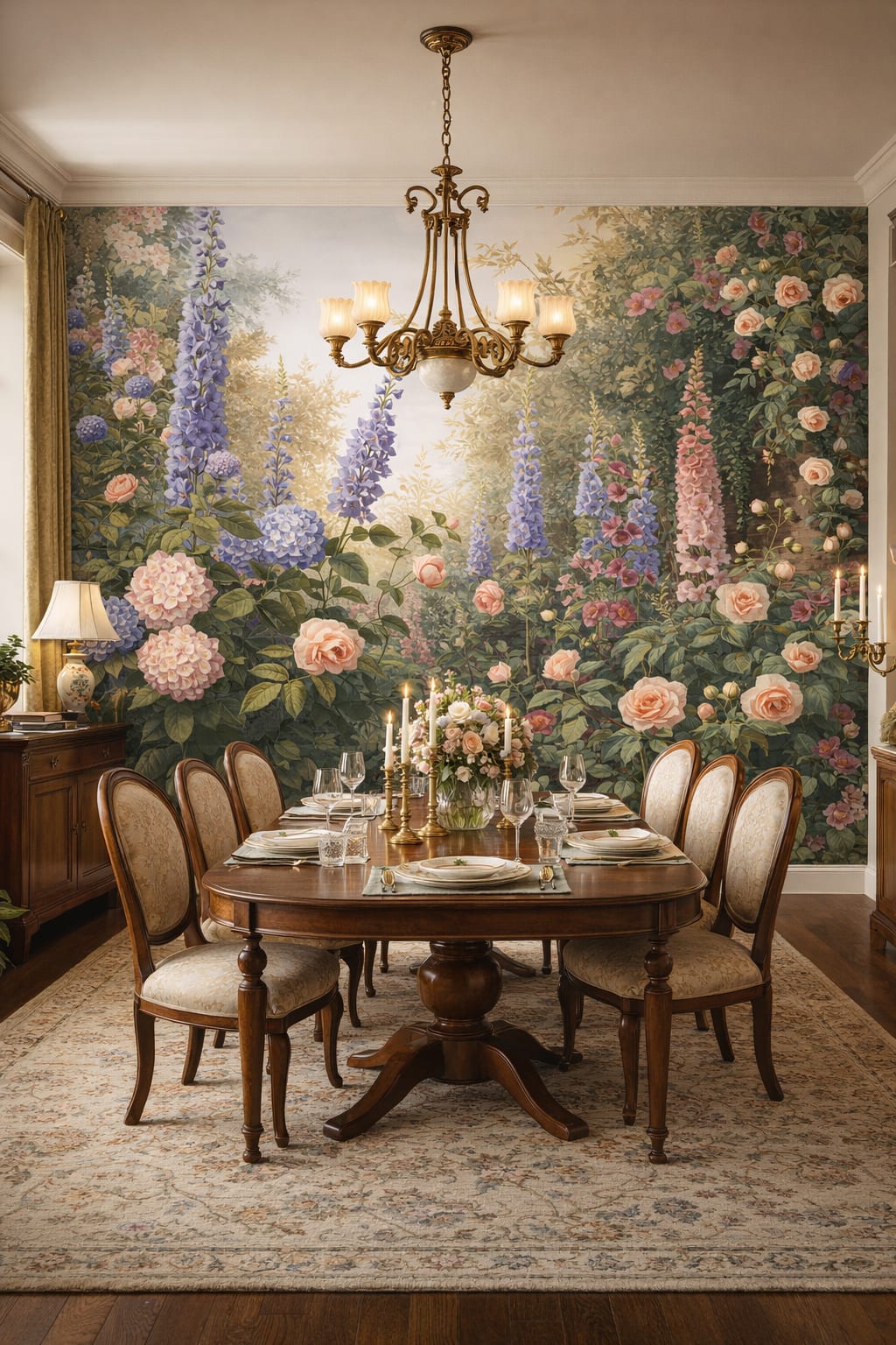 Art Nouveau cream-toned garden florals featuring lush foliage - Wall Mural Peel and Stick Wallpaper for Art Nouveau Formal Dining Room.