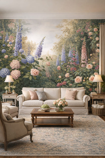 French Country beige-blue garden florals featuring climbing vines - Wall Mural Peel and Stick Wallpaper for French Country Living Room.
