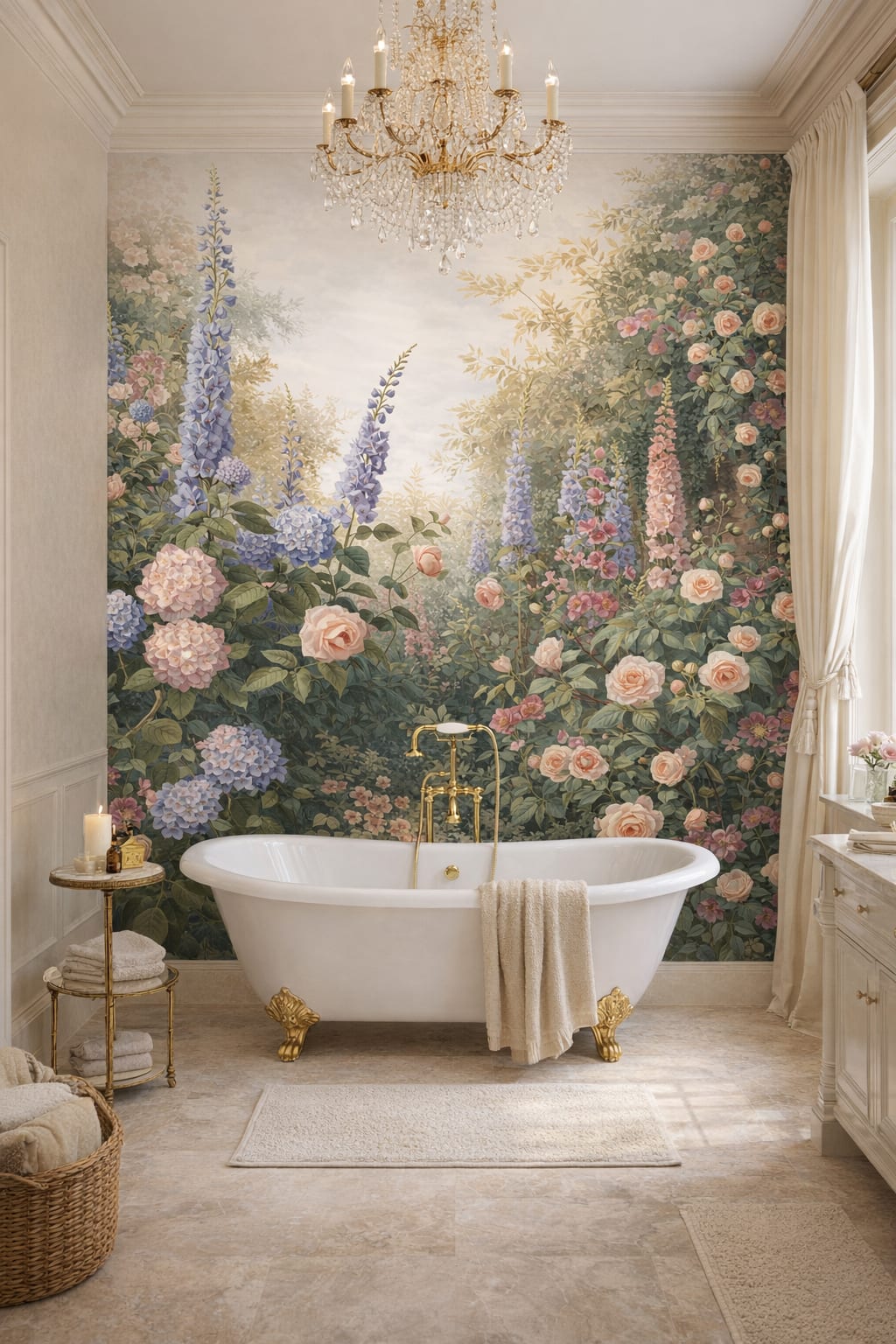 Parisian white-and-gold garden florals featuring climbing vines - Wall Mural Peel and Stick Wallpaper for Parisian Luxury Bathroom.