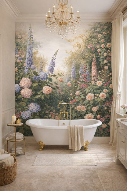 Parisian white-and-gold garden florals featuring climbing vines - Wall Mural Peel and Stick Wallpaper for Parisian Luxury Bathroom.