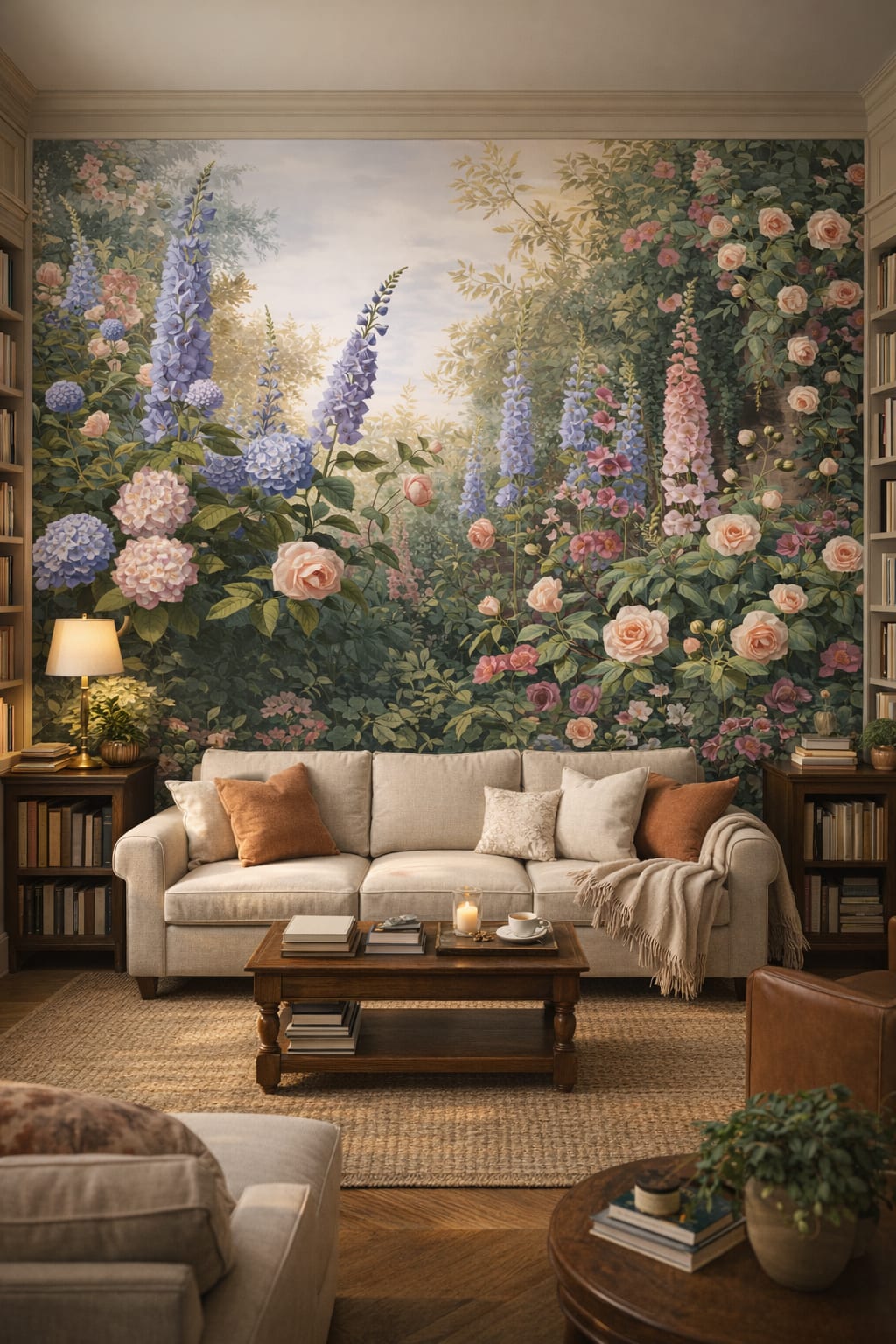 Cream literary garden florals featuring climbing vines - Wall Mural Peel and Stick Wallpaper for Light Academia Home Library.