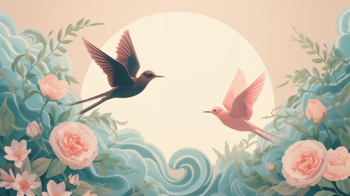 Dreamy whimsical Blush Pink birds in flight featuring floral blossoms, foliage, and a sun disc - Wall Mural & Peel and Stick Wallpaper for Watercolor Nursery or Kids Room.