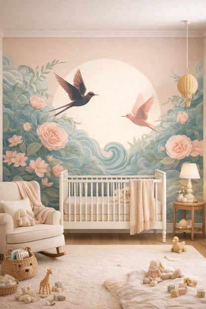 Classic Storybook dusty rose birds in flight featuring floral blossoms - Wall Mural Peel and Stick Wallpaper for Classic Storybook Nursery.