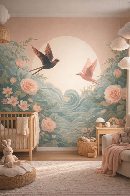 Scandi Kids light gray birds in flight featuring sun disc - Wall Mural Peel and Stick Wallpaper for Scandi Kids Nursery.