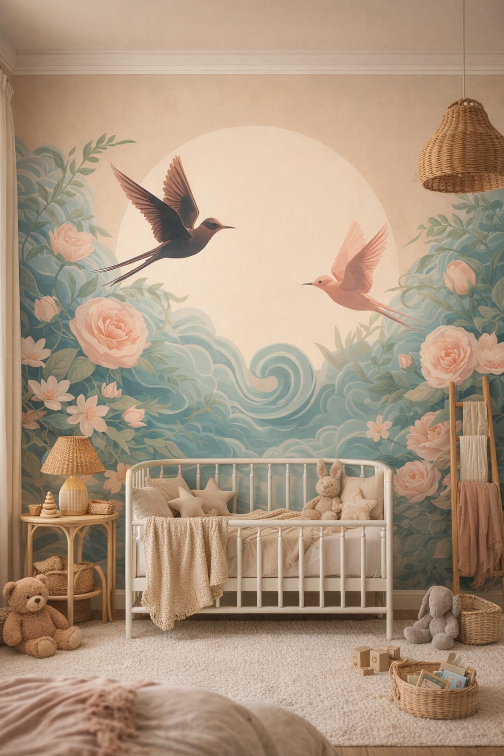 Whimsical Boho terracotta birds in flight featuring floral blossoms - Wall Mural Peel and Stick Wallpaper for Whimsical Boho Nursery.