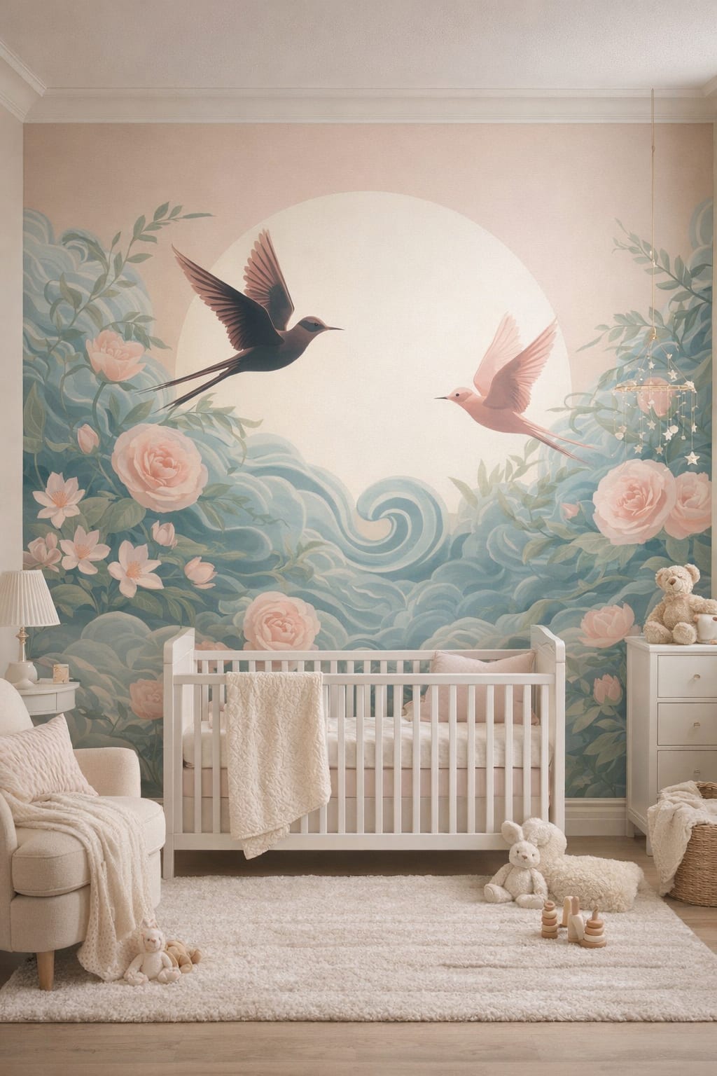 Romantic blush-cream birds in flight featuring floral blossoms - Wall Mural Peel and Stick Wallpaper for Romantic Nursery.