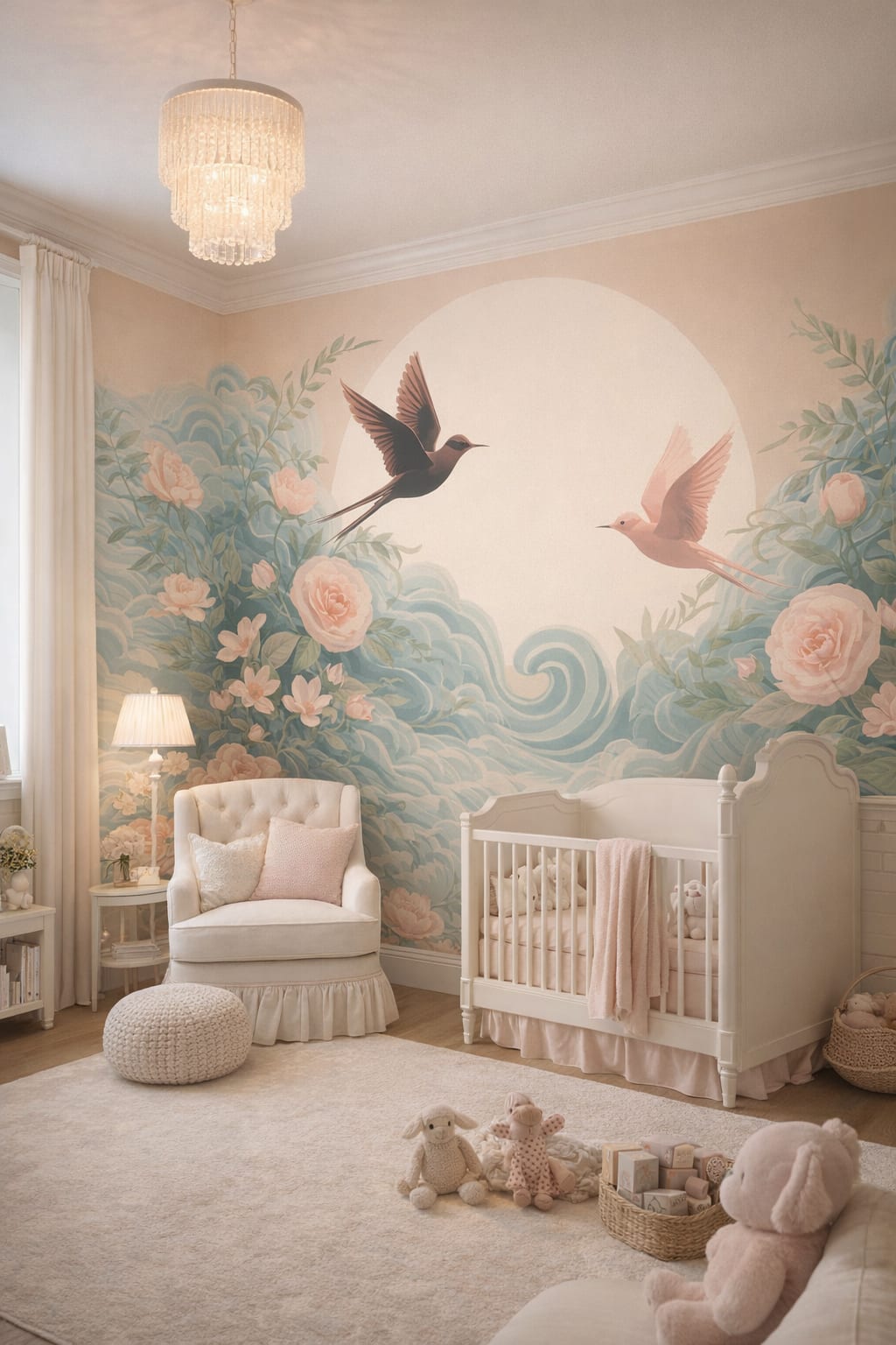Pastel glam blush birds in flight featuring floral blossoms - Wall Mural Peel and Stick Wallpaper for Pastel Glam Nursery Nursery.