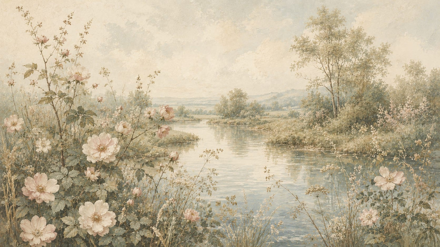 Serene Painterly Beige River landscape featuring floral blossoms and riverside trees - Wall Mural & Peel and Stick Wallpaper for Painterly Interiors and Premium Home Styling