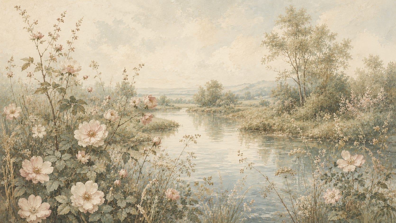 Serene Painterly Beige River landscape featuring floral blossoms and riverside trees - Wall Mural & Peel and Stick Wallpaper for Painterly Interiors and Premium Home Styling