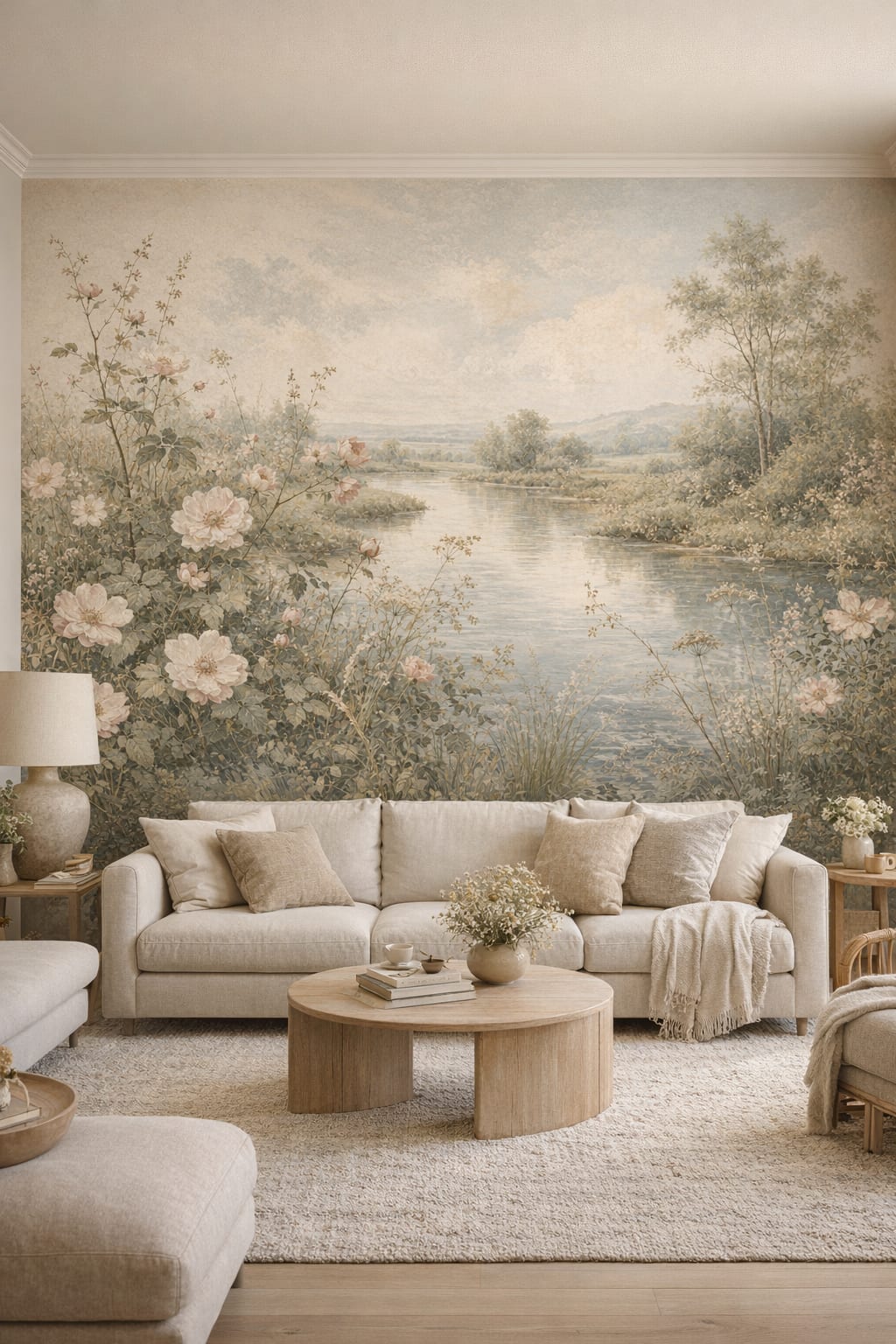 Cream Organic Modern river landscape featuring floral blossoms - Wall Mural Peel and Stick Wallpaper for Organic Modern Living Room.