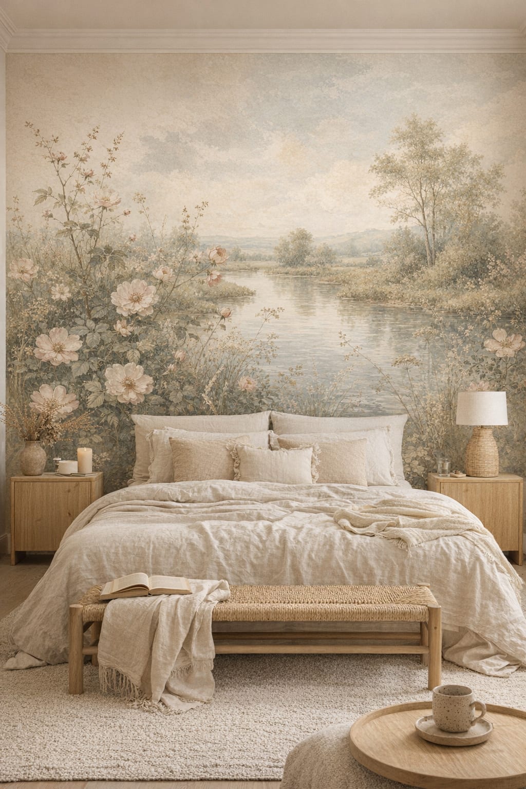 Wabi-sabi muted earth-tone river landscape featuring floral blossoms - Wall Mural Peel and Stick Wallpaper for Wabi-sabi Master Bedroom.