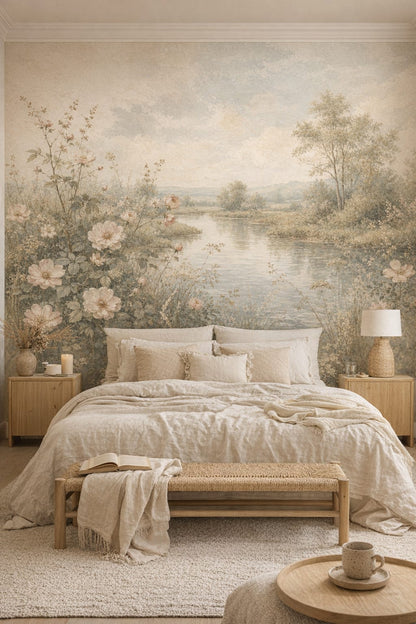 Wabi-sabi muted earth-tone river landscape featuring floral blossoms - Wall Mural Peel and Stick Wallpaper for Wabi-sabi Master Bedroom.