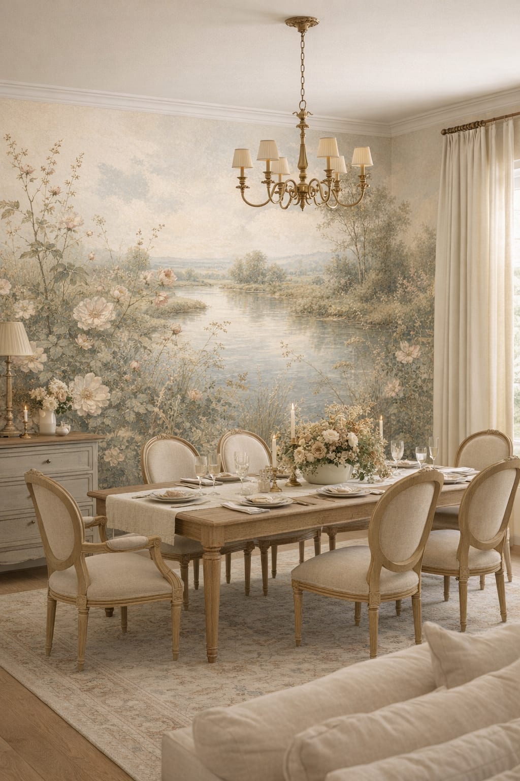 French Country beige river landscape featuring floral blossoms - Wall Mural Peel and Stick Wallpaper for French Country Formal Dining Room.