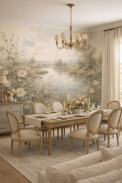 French Country beige river landscape featuring floral blossoms - Wall Mural Peel and Stick Wallpaper for French Country Formal Dining Room.