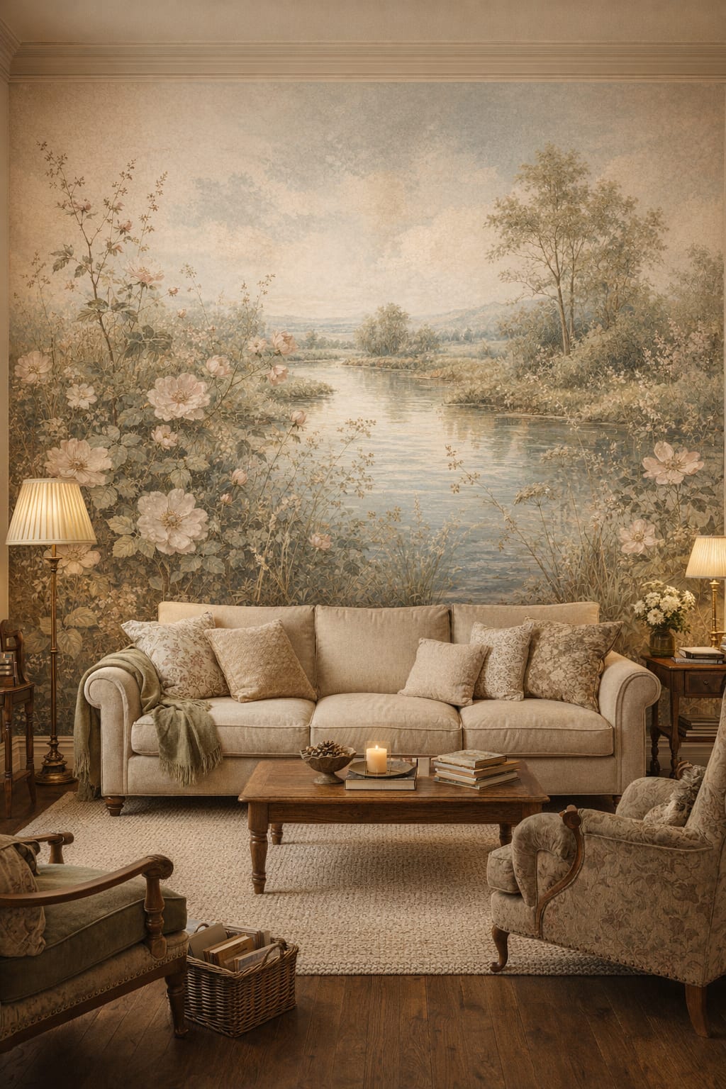 English Cottage green cream river landscape featuring floral blossoms - Wall Mural Peel and Stick Wallpaper for English Cottage Reading Room.