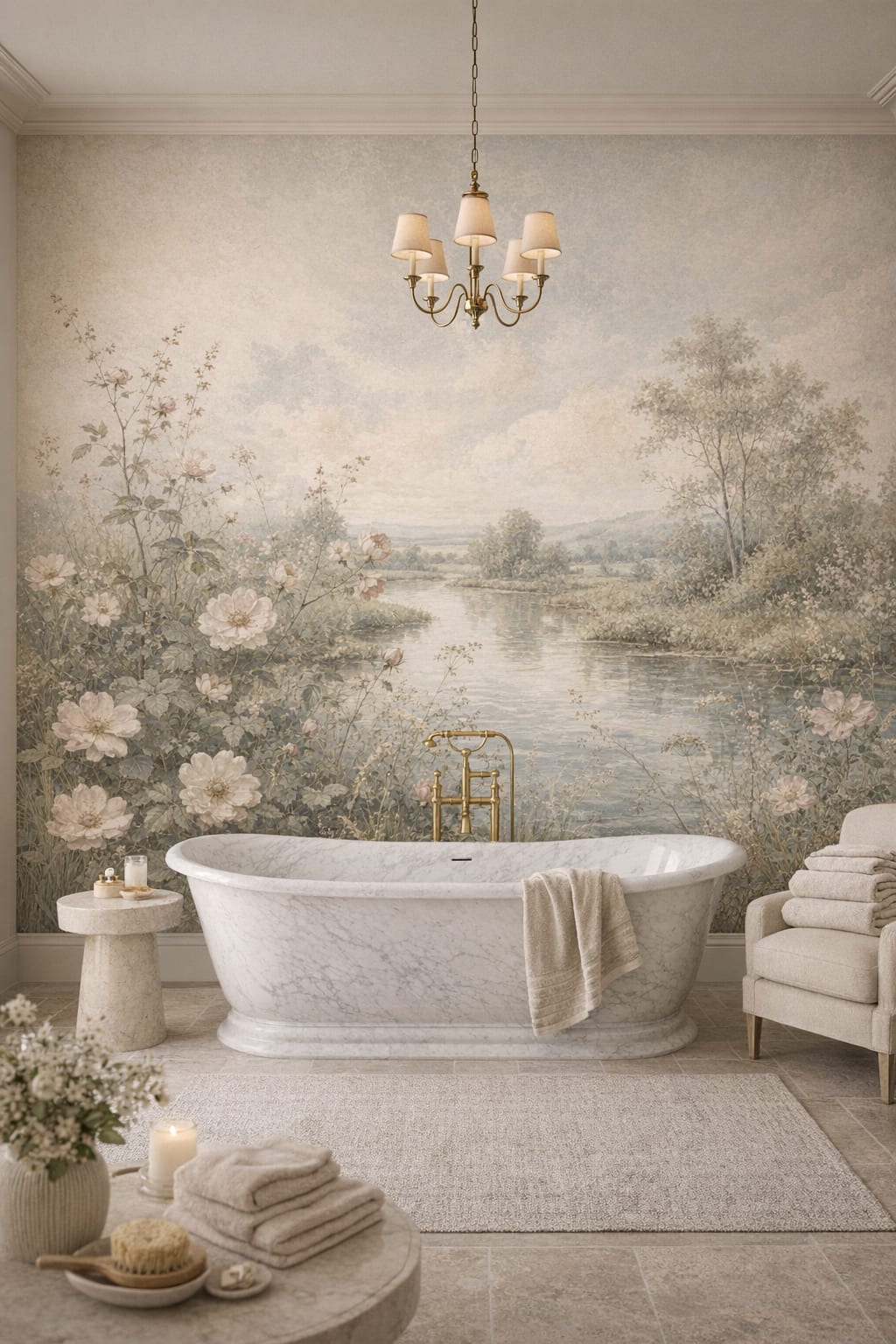 Quiet Luxury greige river landscape featuring floral blossoms - Wall Mural Peel and Stick Wallpaper for Quiet Luxury Luxury Bathroom.