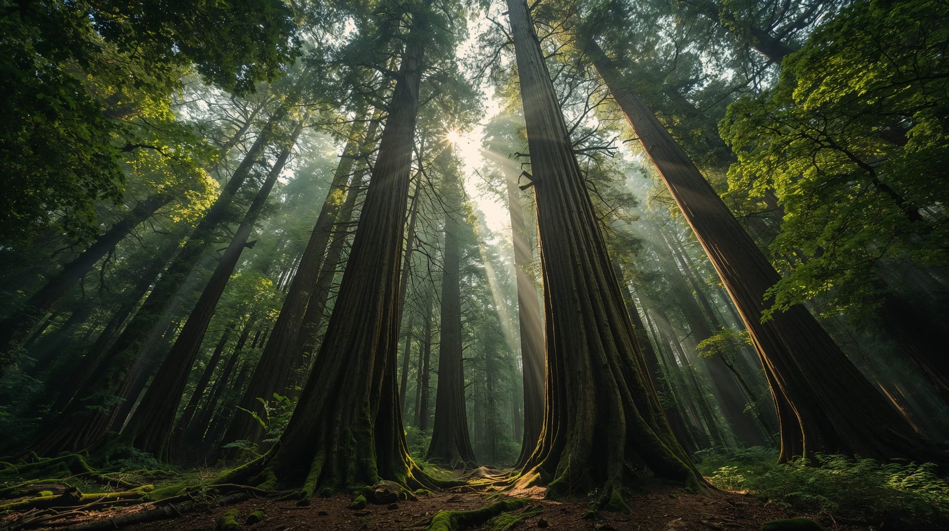 Majestic serene Forest Green redwood forest featuring sunbeams and a forest path - Wall Mural & Peel and Stick Wallpaper for Photographic Interiors and Premium Home Styling.