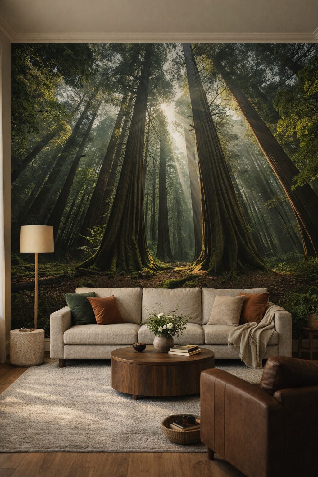 Biophilic green-neutral redwood forest featuring sunbeams - Wall Mural Peel and Stick Wallpaper for Biophilic Design Living Room.
