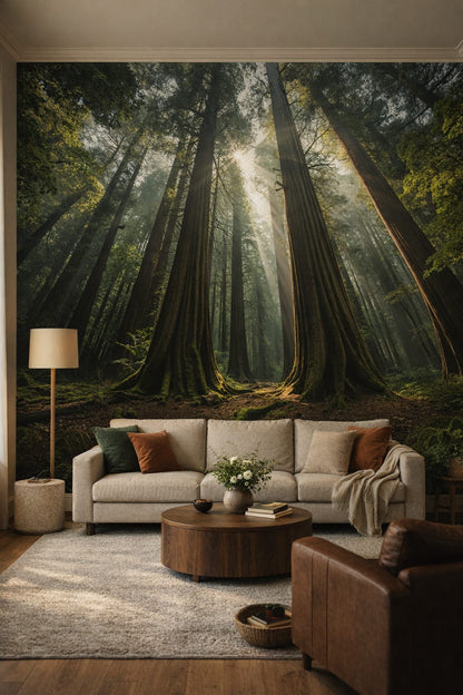 Biophilic green-neutral redwood forest featuring sunbeams - Wall Mural Peel and Stick Wallpaper for Biophilic Design Living Room.