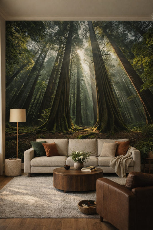 Biophilic green-neutral redwood forest featuring sunbeams - Wall Mural Peel and Stick Wallpaper for Biophilic Design Living Room.