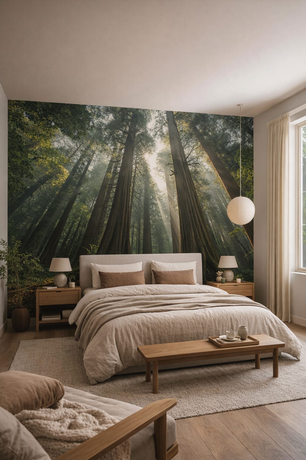 Sand-toned Japandi redwood forest featuring sunbeams - Wall Mural Peel and Stick Wallpaper for Japandi Master Bedroom.