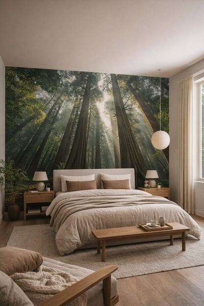 Sand-toned Japandi redwood forest featuring sunbeams - Wall Mural Peel and Stick Wallpaper for Japandi Master Bedroom.