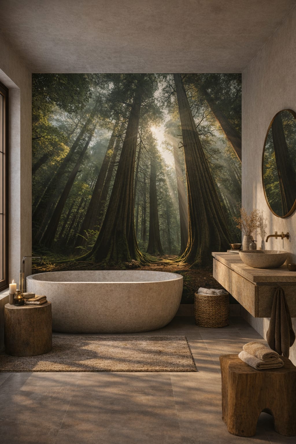 Wabi-sabi muted earth tones redwood forest featuring sunbeams - Wall Mural Peel and Stick Wallpaper for Wabi-sabi Luxury Bathroom.