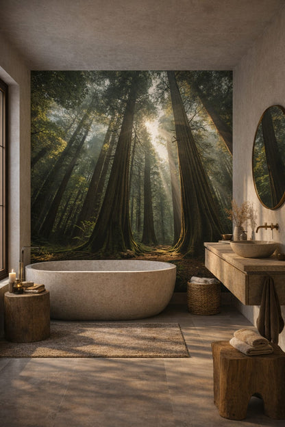 Wabi-sabi muted earth tones redwood forest featuring sunbeams - Wall Mural Peel and Stick Wallpaper for Wabi-sabi Luxury Bathroom.