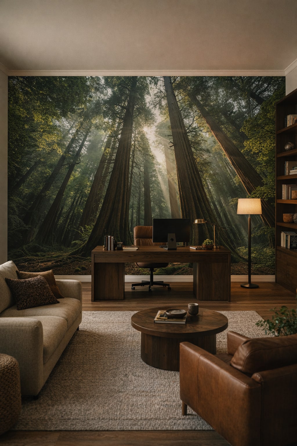 Organic Modern cream - redwood forest featuring sunbeams - Wall Mural Peel and Stick Wallpaper for Organic Modern Executive Home Office.