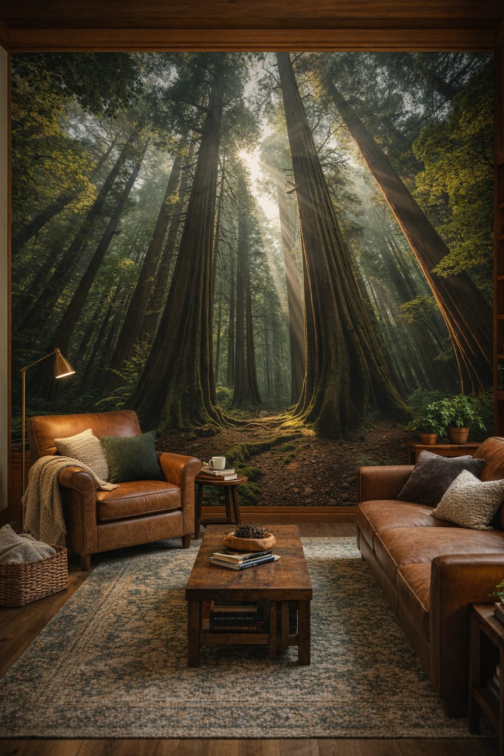 Rustic brown, forest green redwood forest featuring sunbeams - Wall Mural Peel and Stick Wallpaper for Cabin / Lodge Reading Corner.