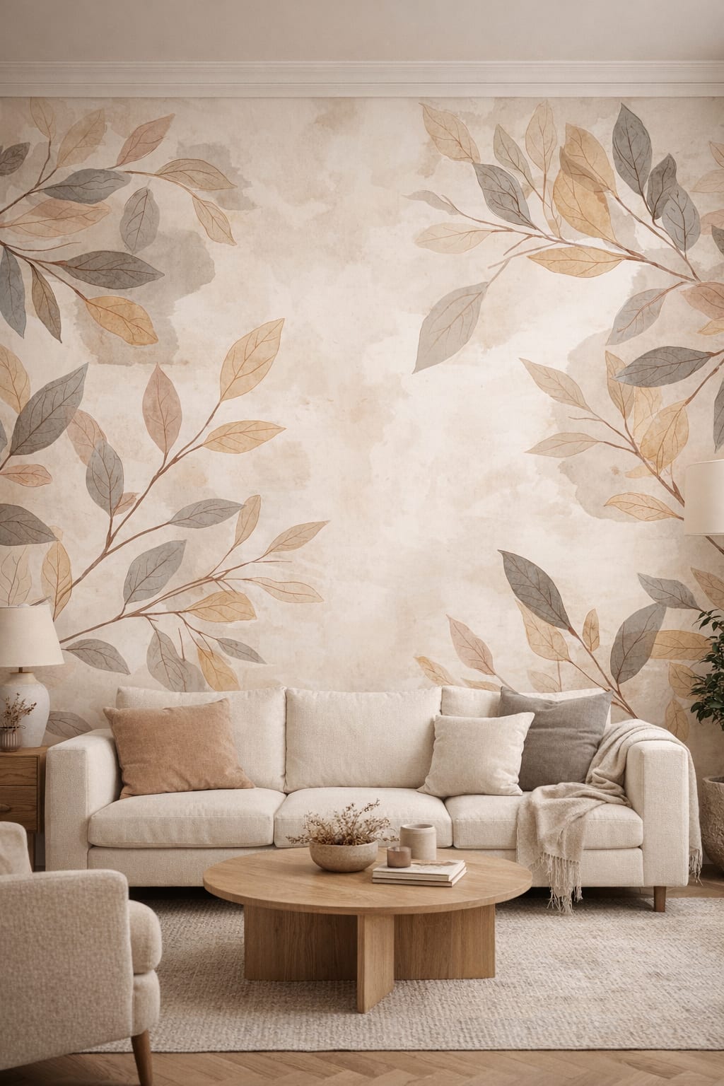 Sand-toned Organic Modern botanical leaves - Wall Mural Peel and Stick Wallpaper for Organic Modern Living Room.