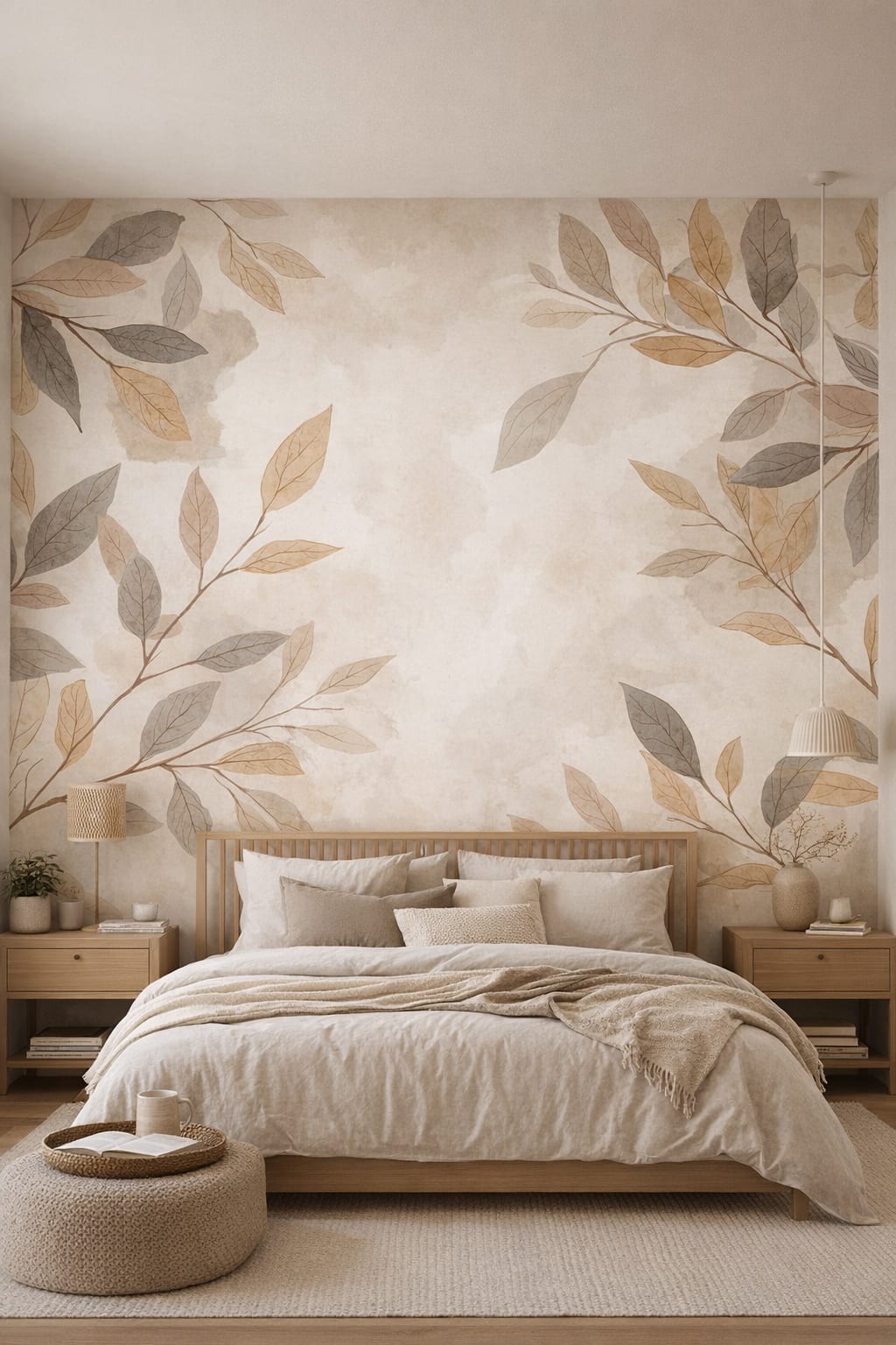 Japandi sand-toned botanical leaves - Wall Mural Peel and Stick Wallpaper for Japandi Master Bedroom.