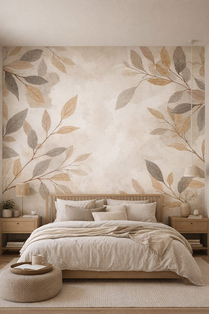 Japandi sand-toned botanical leaves - Wall Mural Peel and Stick Wallpaper for Japandi Master Bedroom.