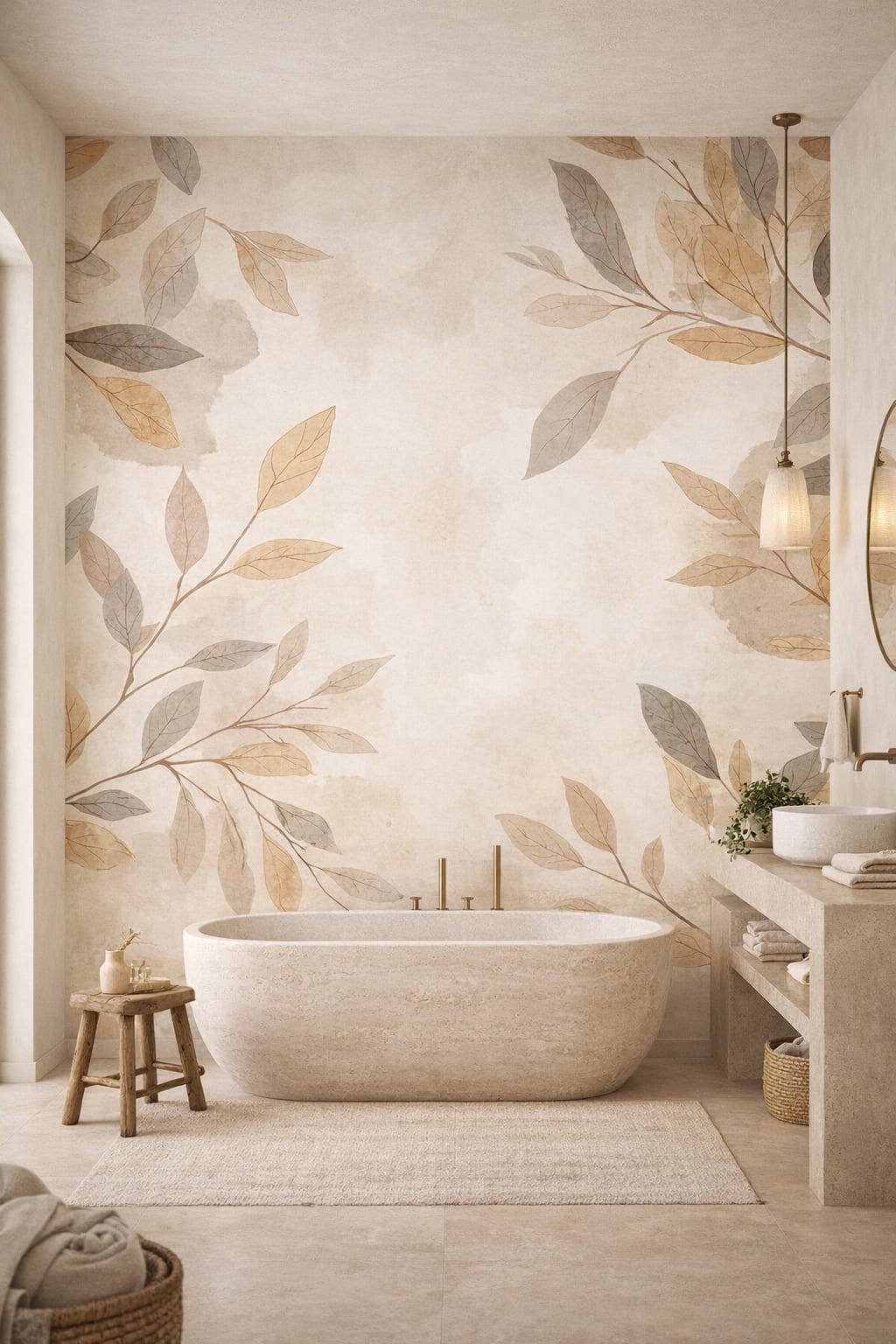 Mediterranean sand botanical leaves - Wall Mural Peel and Stick Wallpaper for Mediterranean Modern Luxury Bathroom.